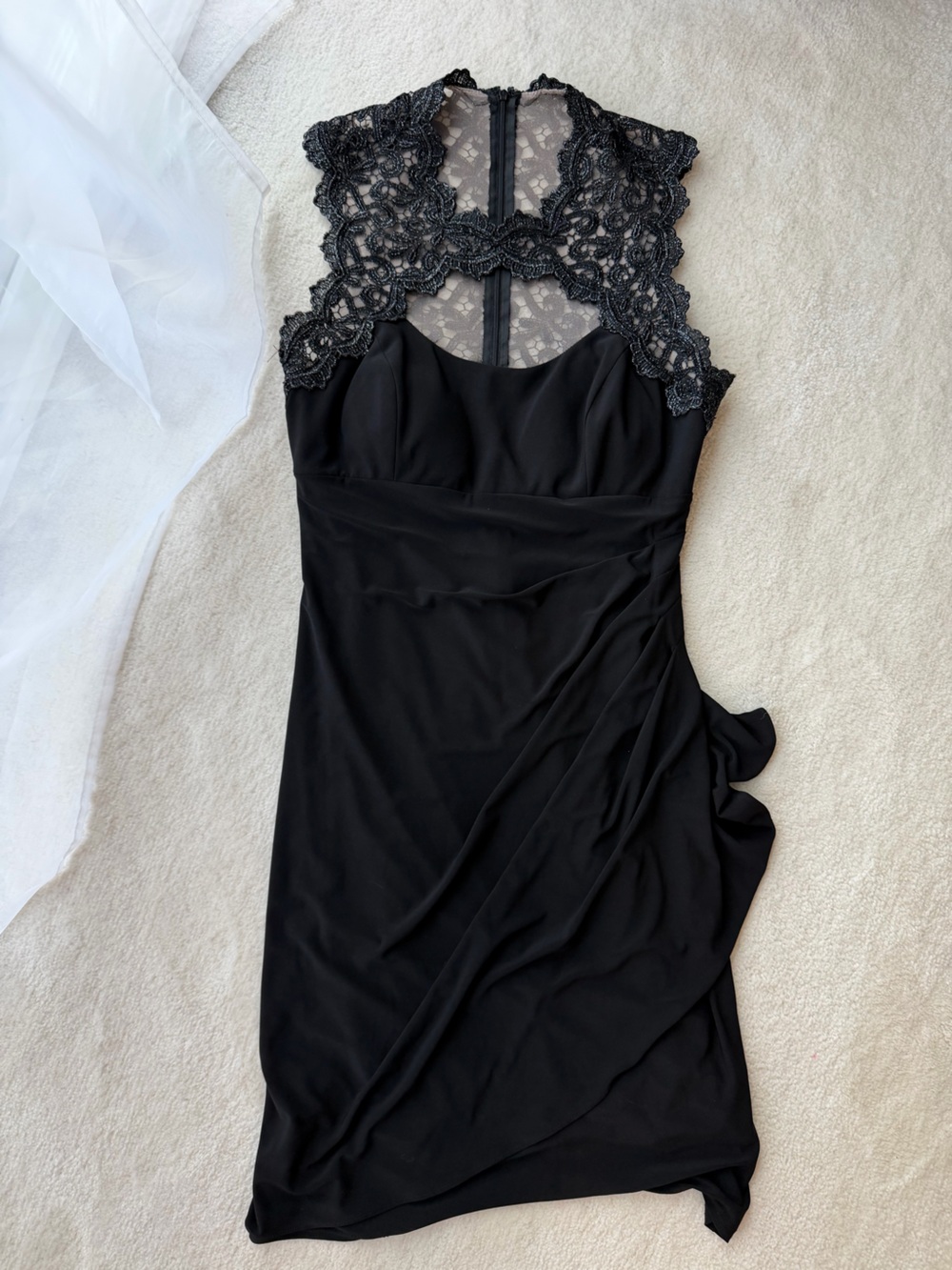 Cache Black Lace Embellished Sparkly Ruched Faux Wrap Dress